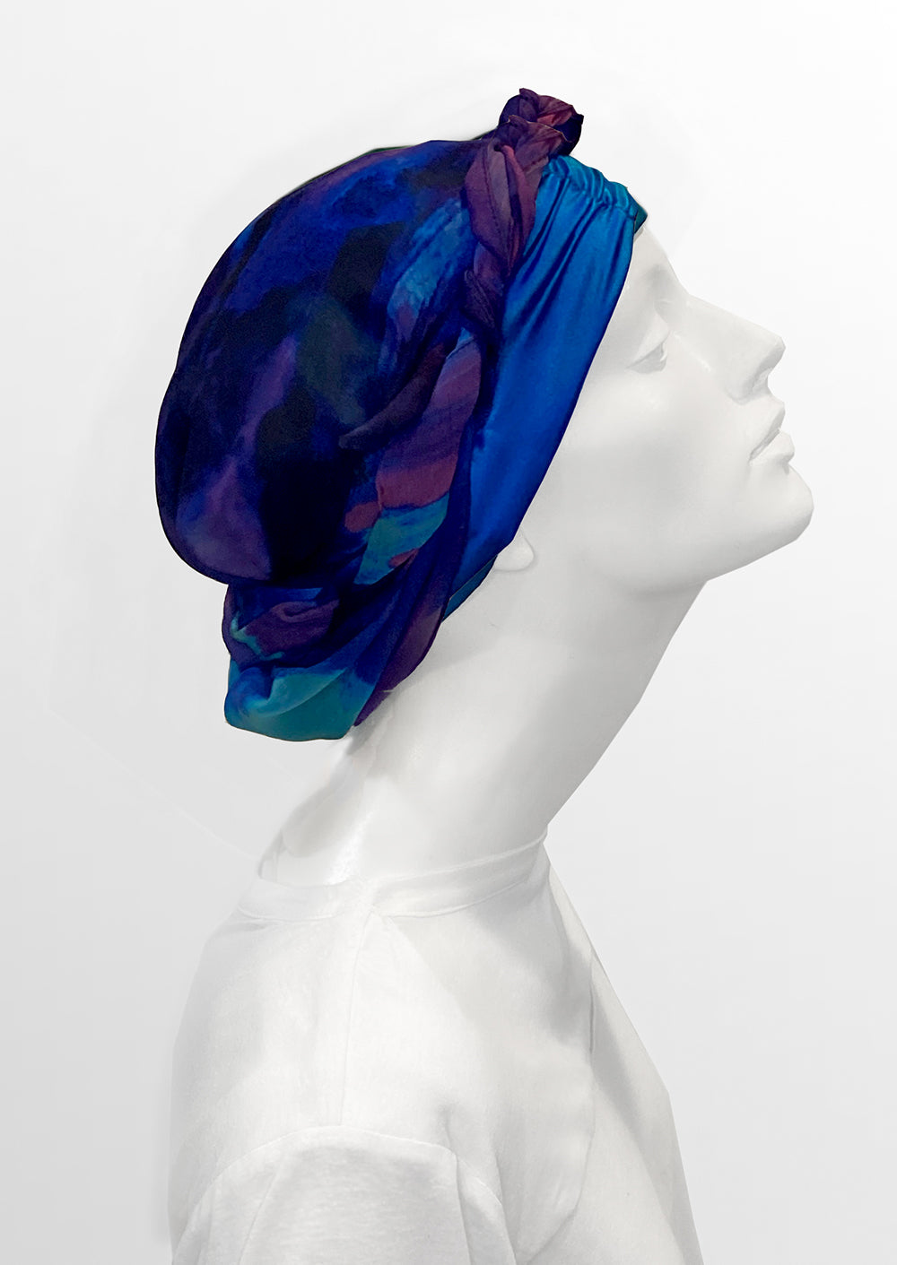 bright blue and purple silk & chiffon headscarf on mannequin